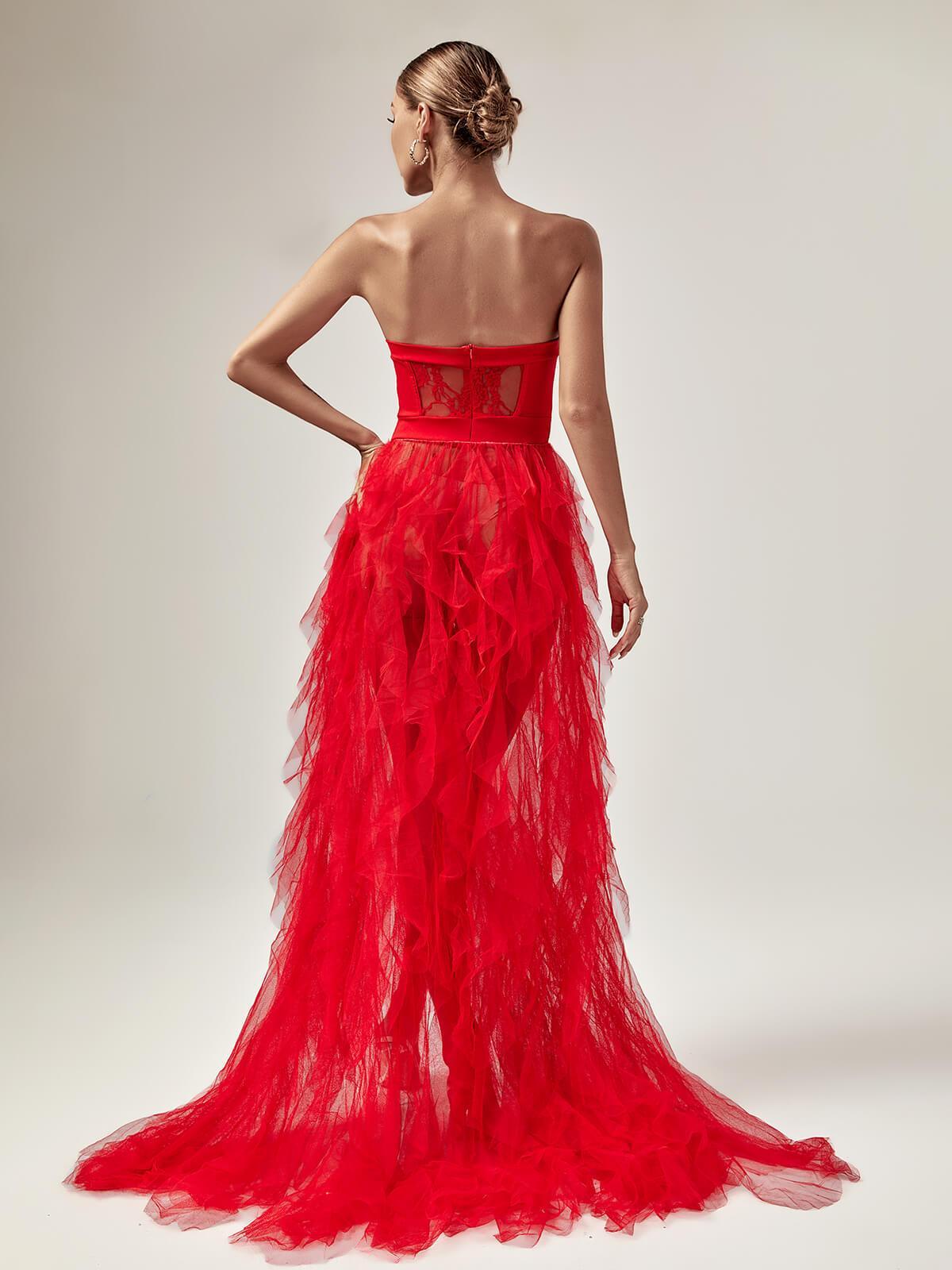 Tulle Strapless Corset Lace High Split Maxi Gown - View 5