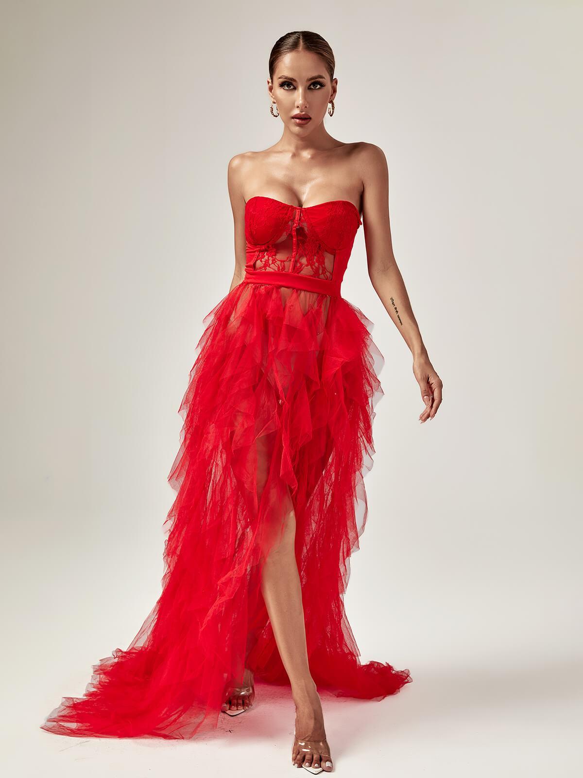 Tulle Strapless Corset Lace High Split Maxi Gown - View 2