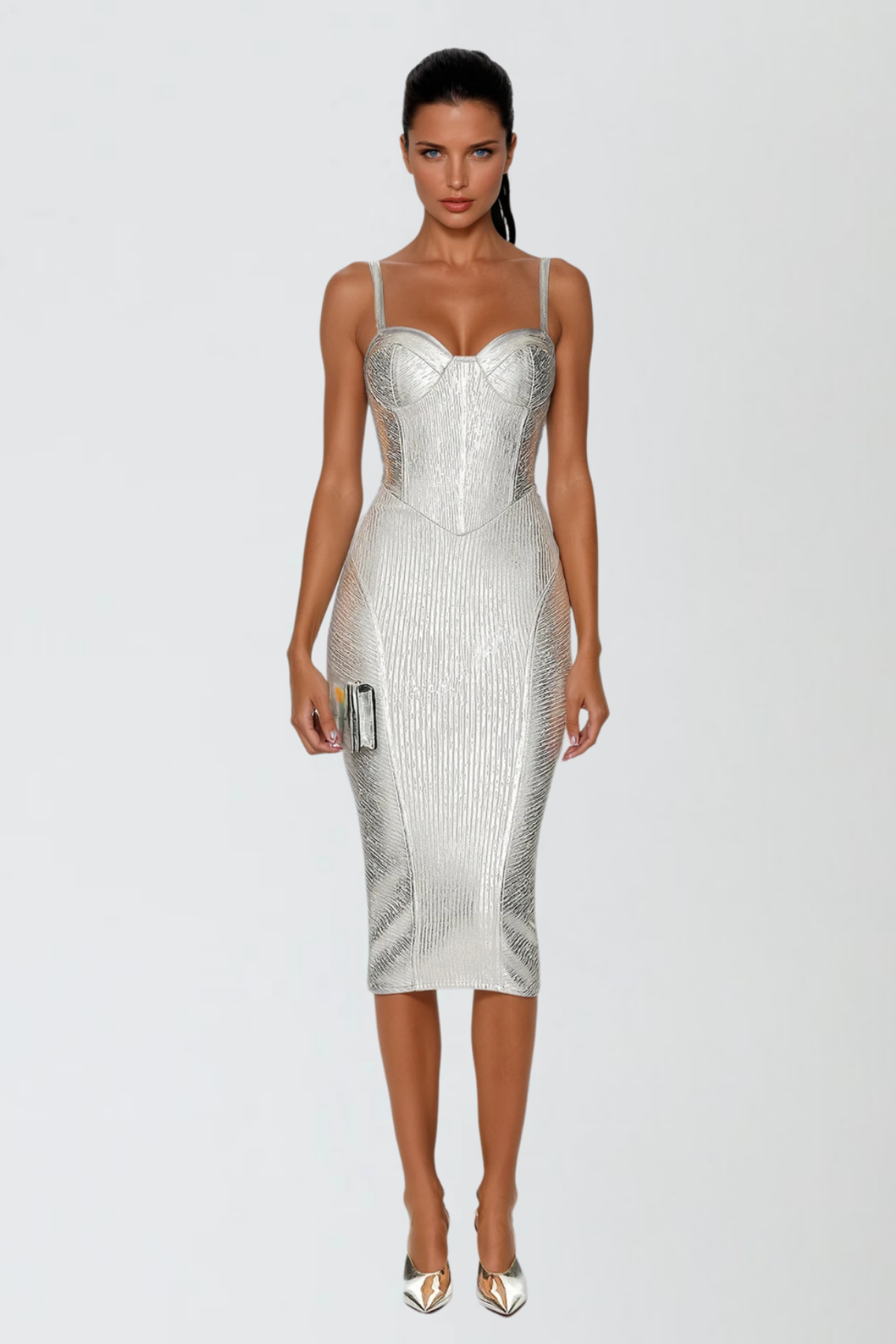 Metallic Ribbed Bustier Corset Spaghetti Strap Bodycon Midi Dress - View 2