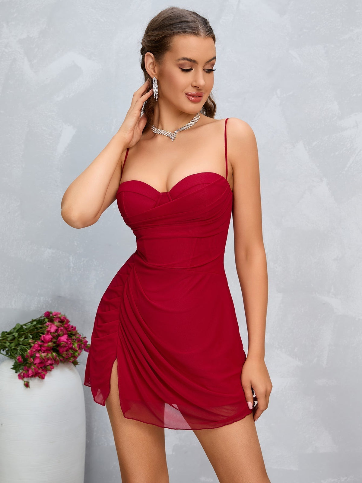 Mesh Spaghetti Strap Sweetheart Ruched Draped Split Hem Mini Dress - View 12