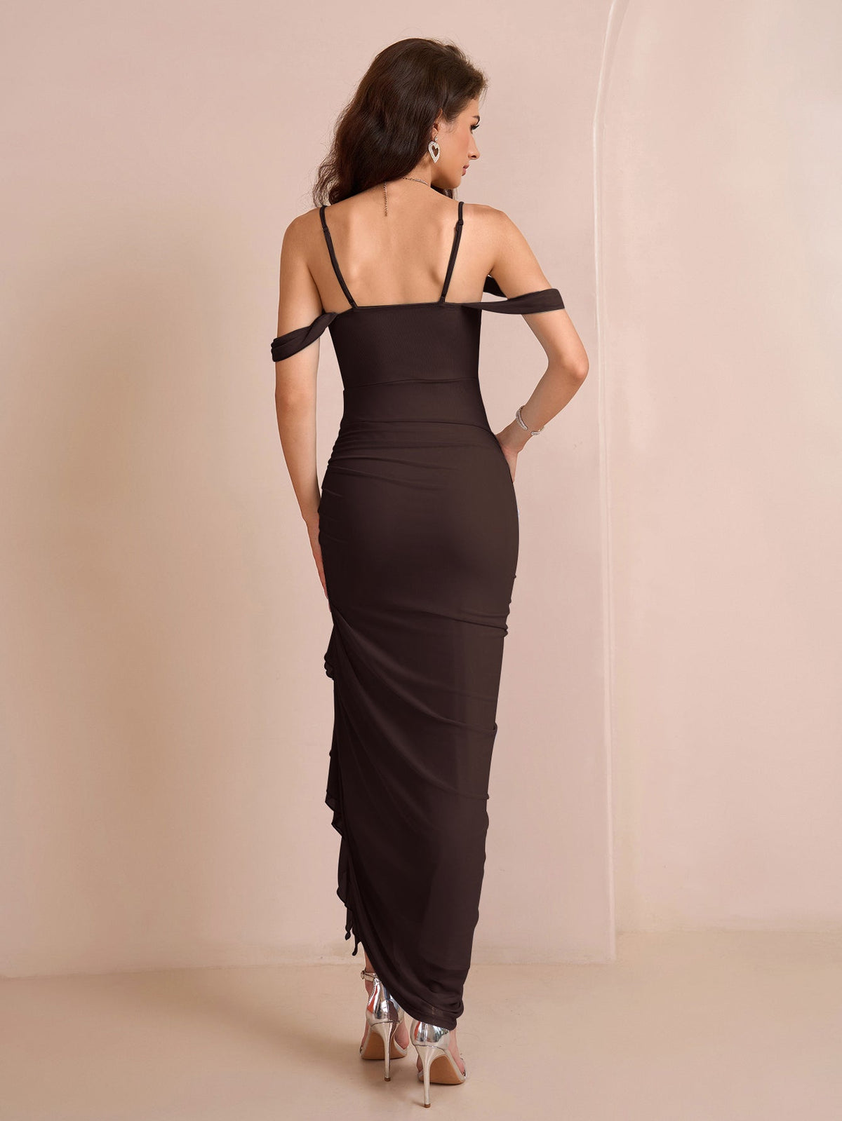 Draped Sleeve Ruched Crisscross Waist Asymmetrical Hem Mesh Dress - View 6