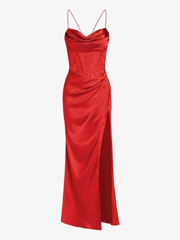 Elegant Satin Cowl Front Lace Up Corset Red Christmas Party Dress / S Dresses-L
