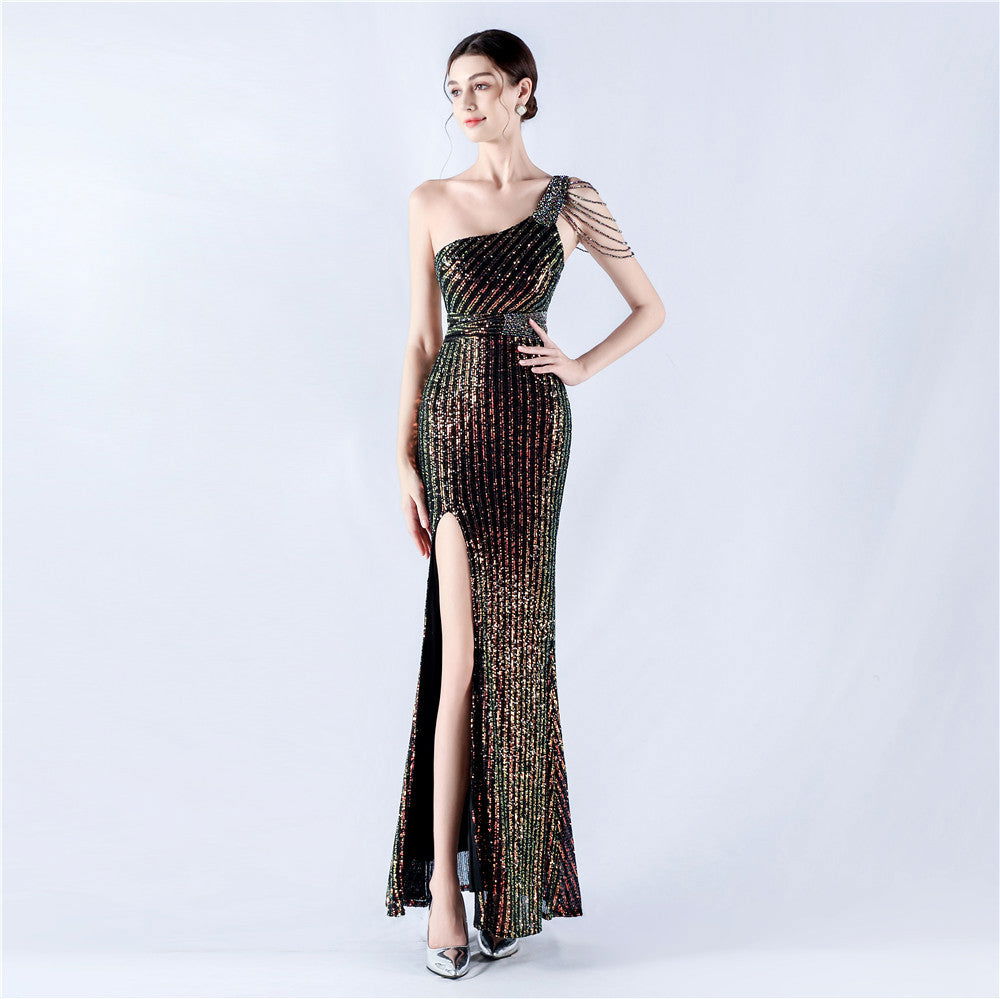 Sequin One Shoulder Beaded Chain Fringe High Split Bodycon Maxi Gown - View 4