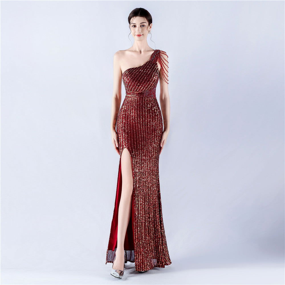 Sequin One Shoulder Beaded Chain Fringe High Split Bodycon Maxi Gown - View 5