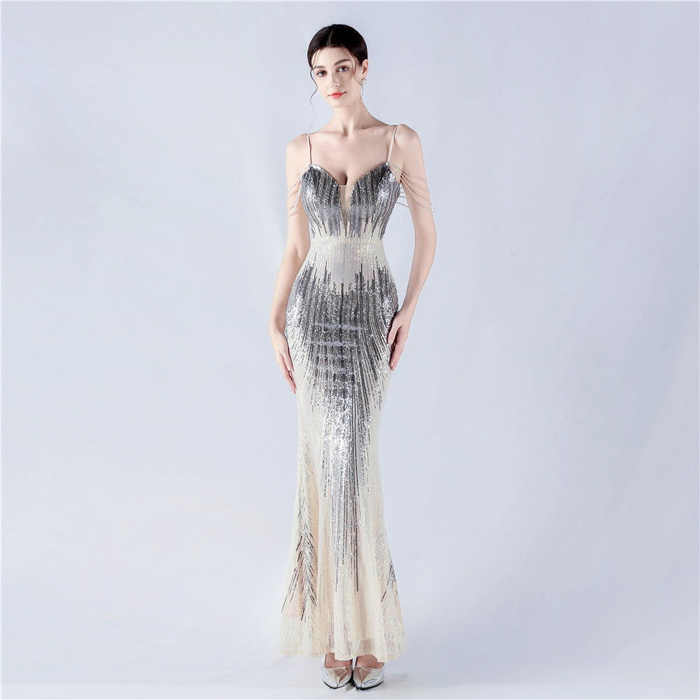 Sequin Spaghetti Strap Deep V-Neck Beaded Mermaid Maxi Gown - View 6