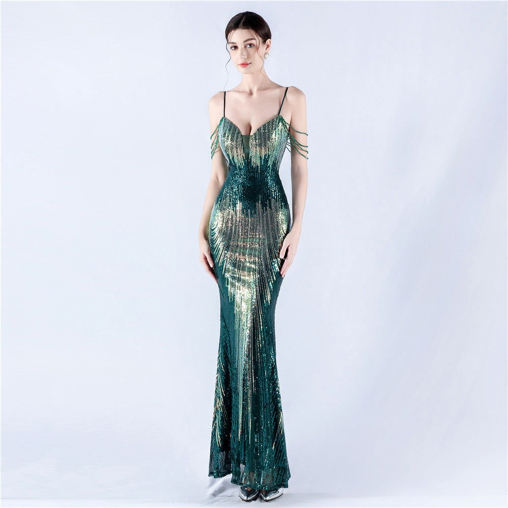 Sequin Spaghetti Strap Deep V-Neck Beaded Mermaid Maxi Gown - View 7