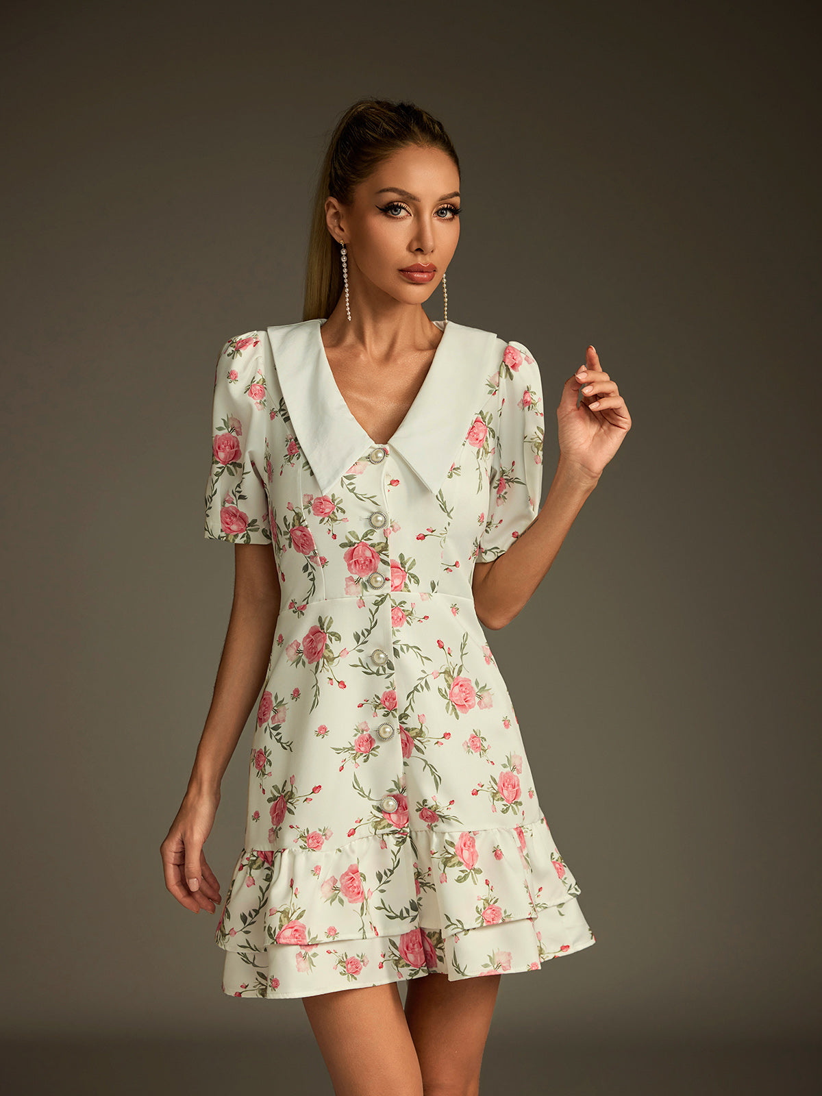 Short Sleeve Pointed Collar Pearl Button Floral Tiered Mini Dress