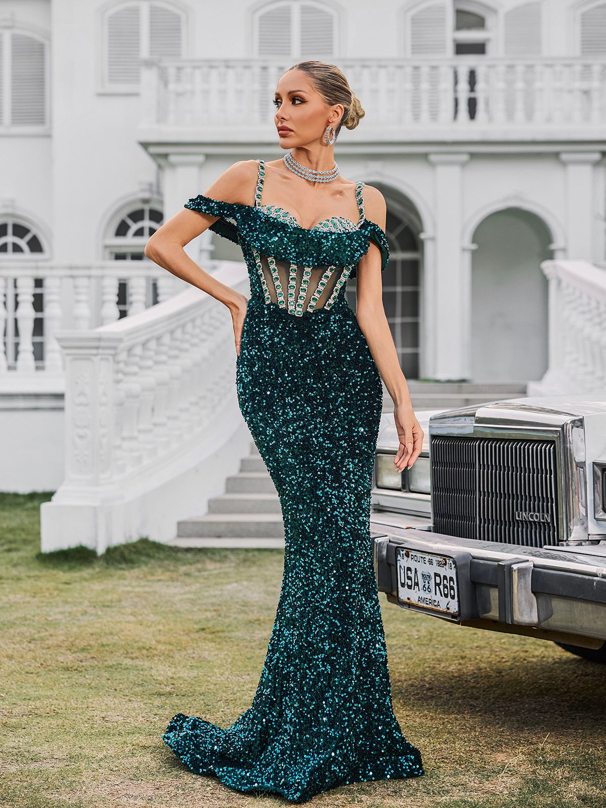 Sequin Corset Mesh Midriff Off Shoulder Mermaid Maxi Gown - View 3
