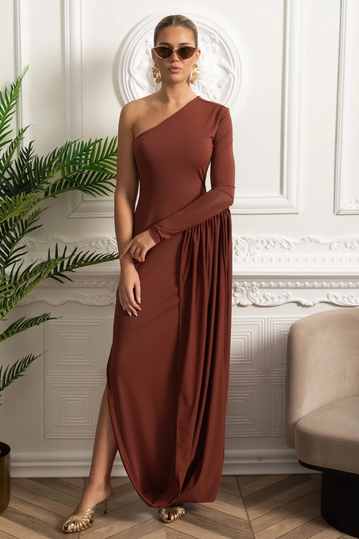 One Shoulder Long Sleeve Draped Panel High Split Bodycon Maxi Dress
