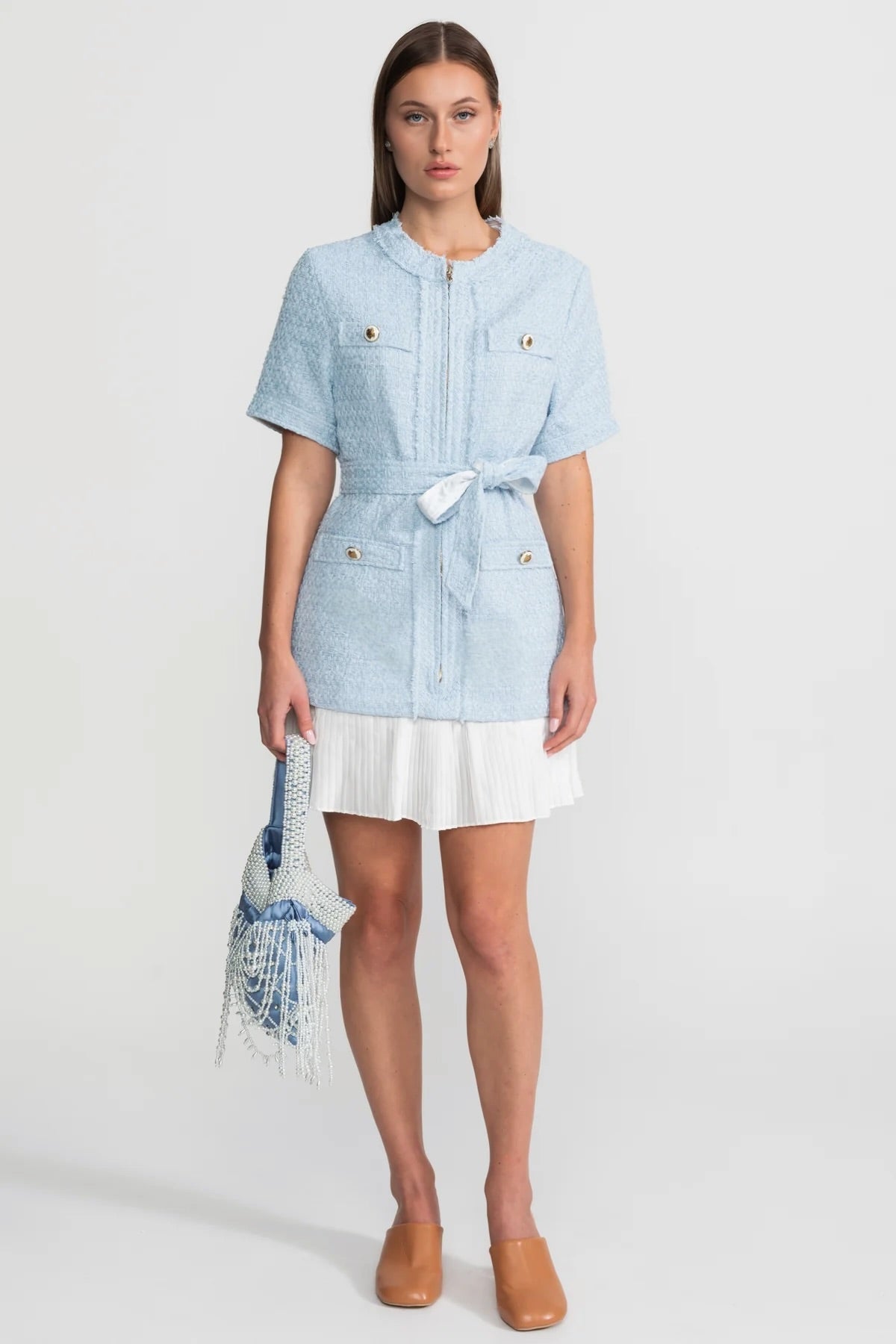 Tweed Zip Front Frayed Edge Pocket Tie Belt Pleated Hem Jacket Dress