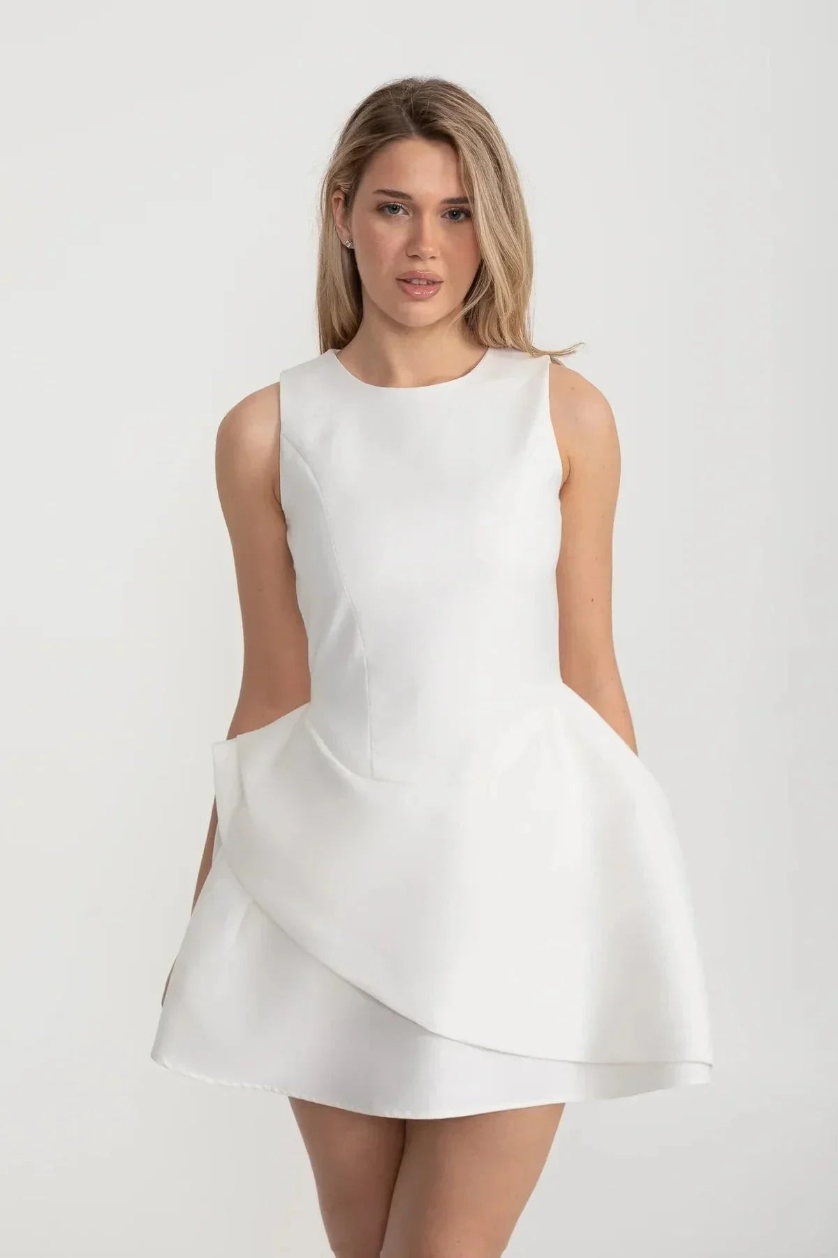Sleeveless Round Neck Princess Seam Asymmetrical Wrap Mini Dress