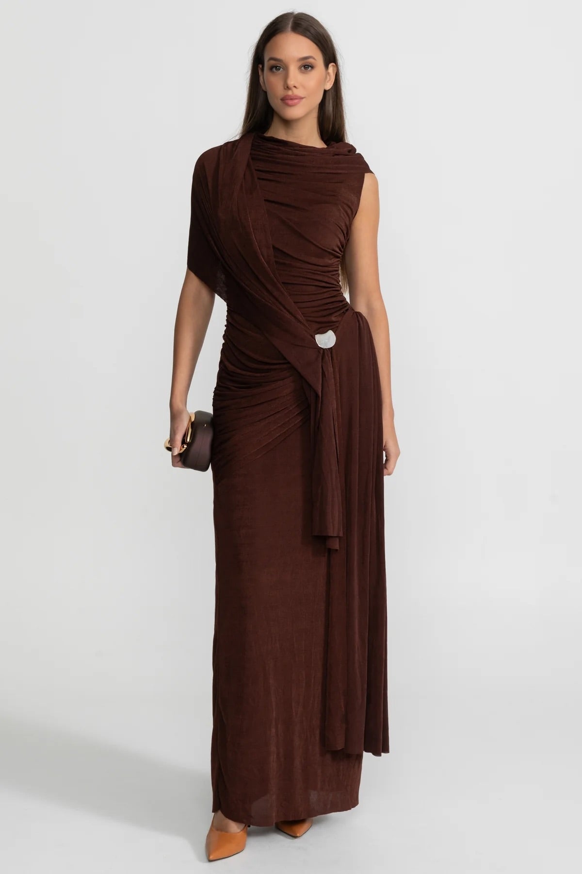 Jersey Asymmetrical Draped Shoulder Sash Ruched Metal Buckle Maxi Gown