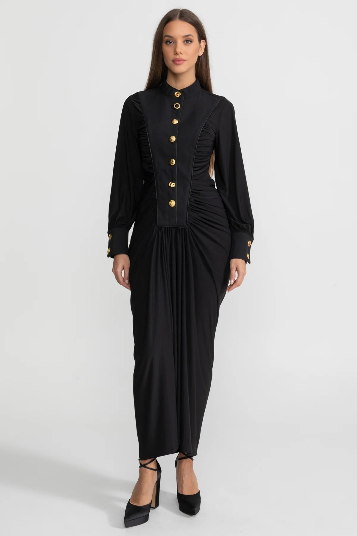 Ruched Maxi Gown Long Sleeve Mandarin Collar Metallic Button