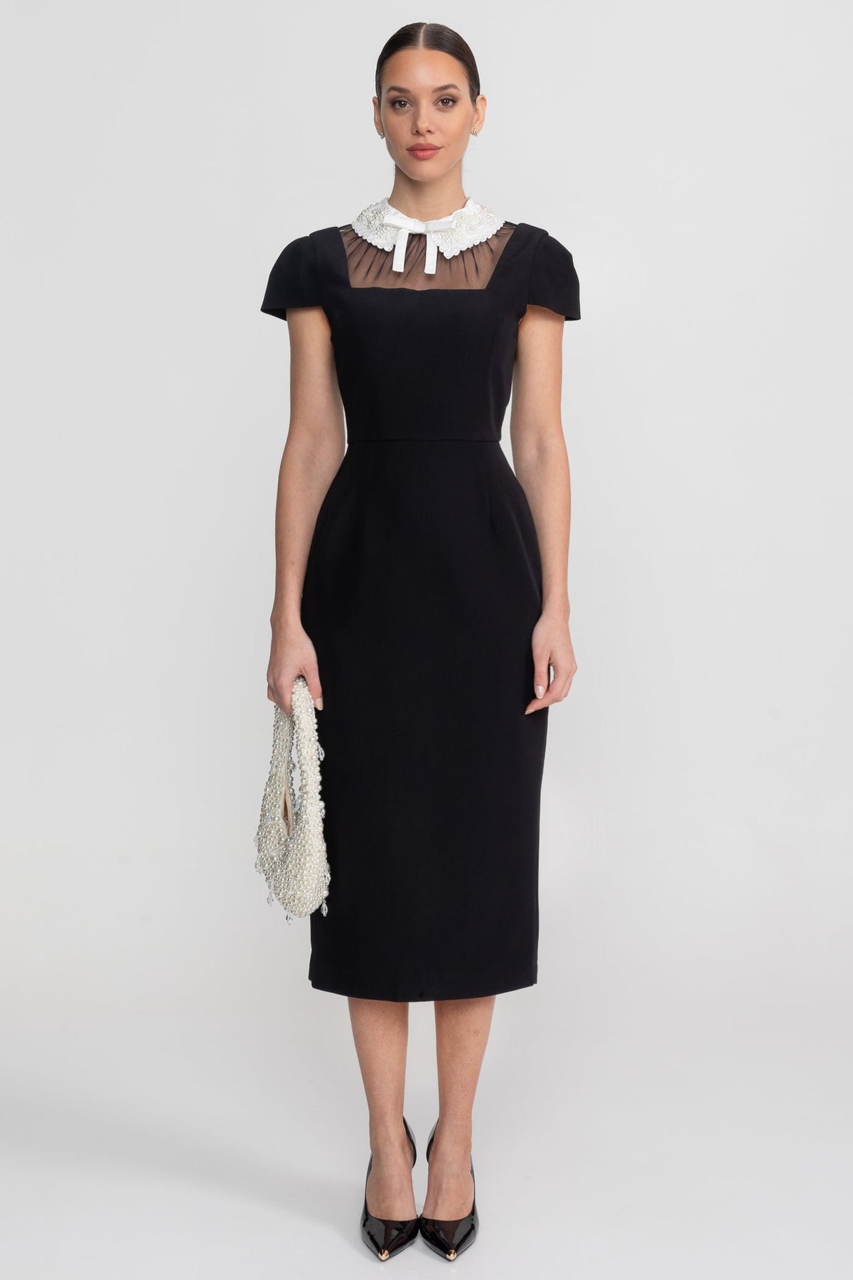 Cap Sleeve Midi Dress With Lace Collar Tie Detail - Black