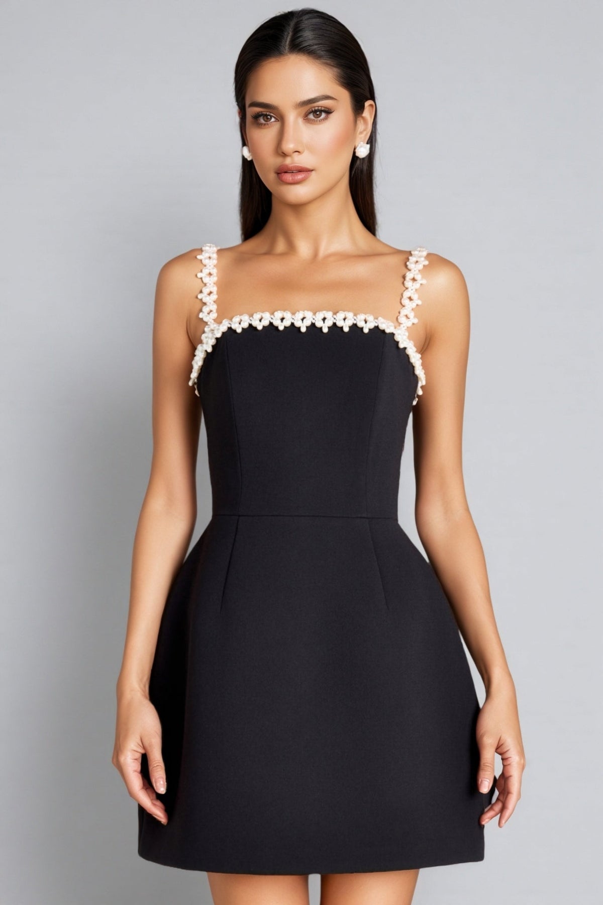 Velvet Square Neck Pearl Beaded Strap Fit and Flare Mini Dress - View 4