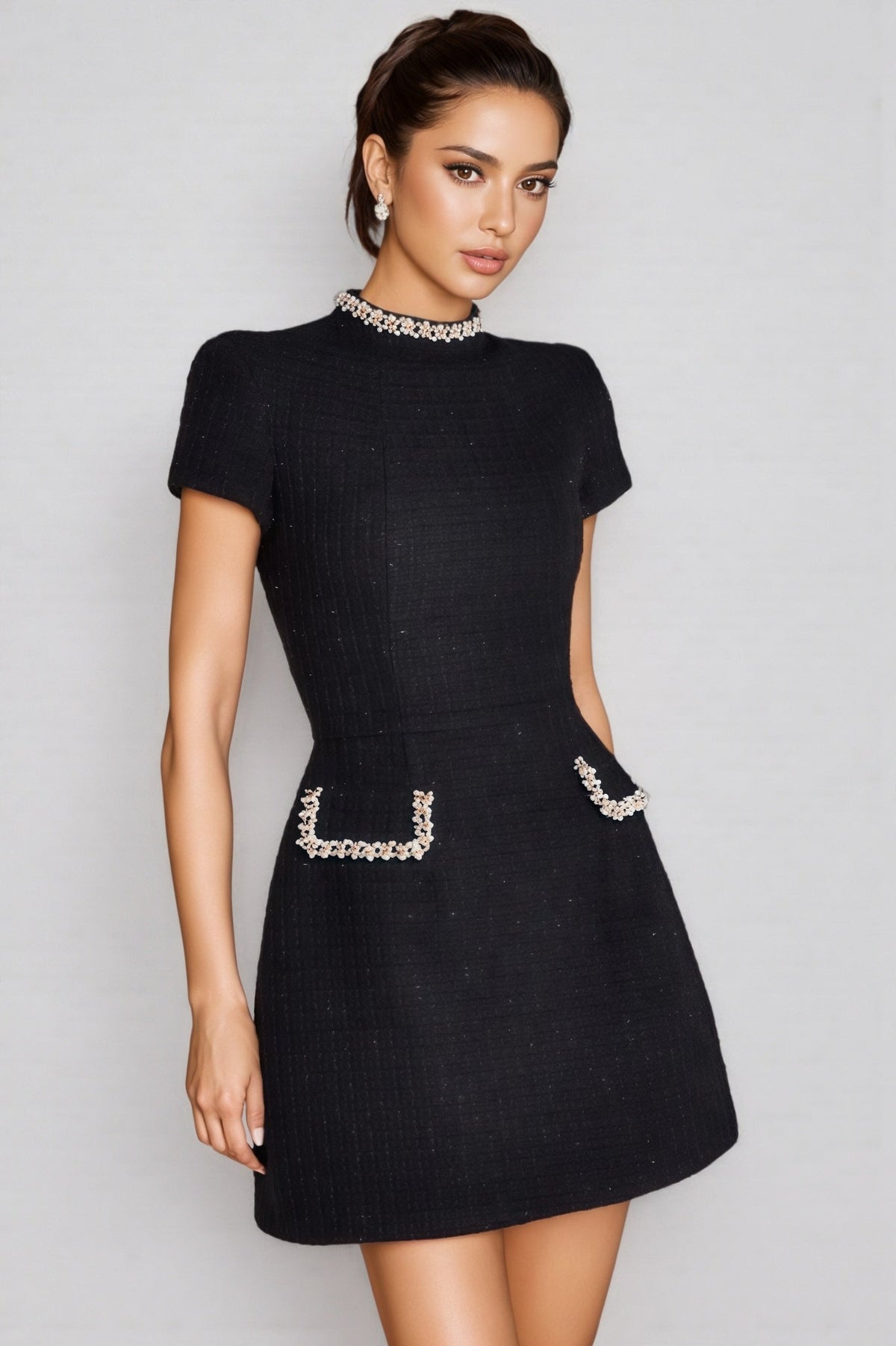 Pearl Trim Mock Neck Cap Sleeve Boucle Pocket Detail Mini Dress - View 4