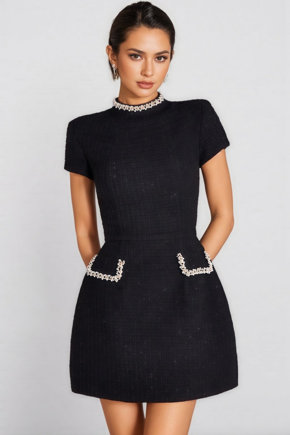 Pearl Trim Mock Neck Cap Sleeve Boucle Pocket Detail Mini Dress - View 2