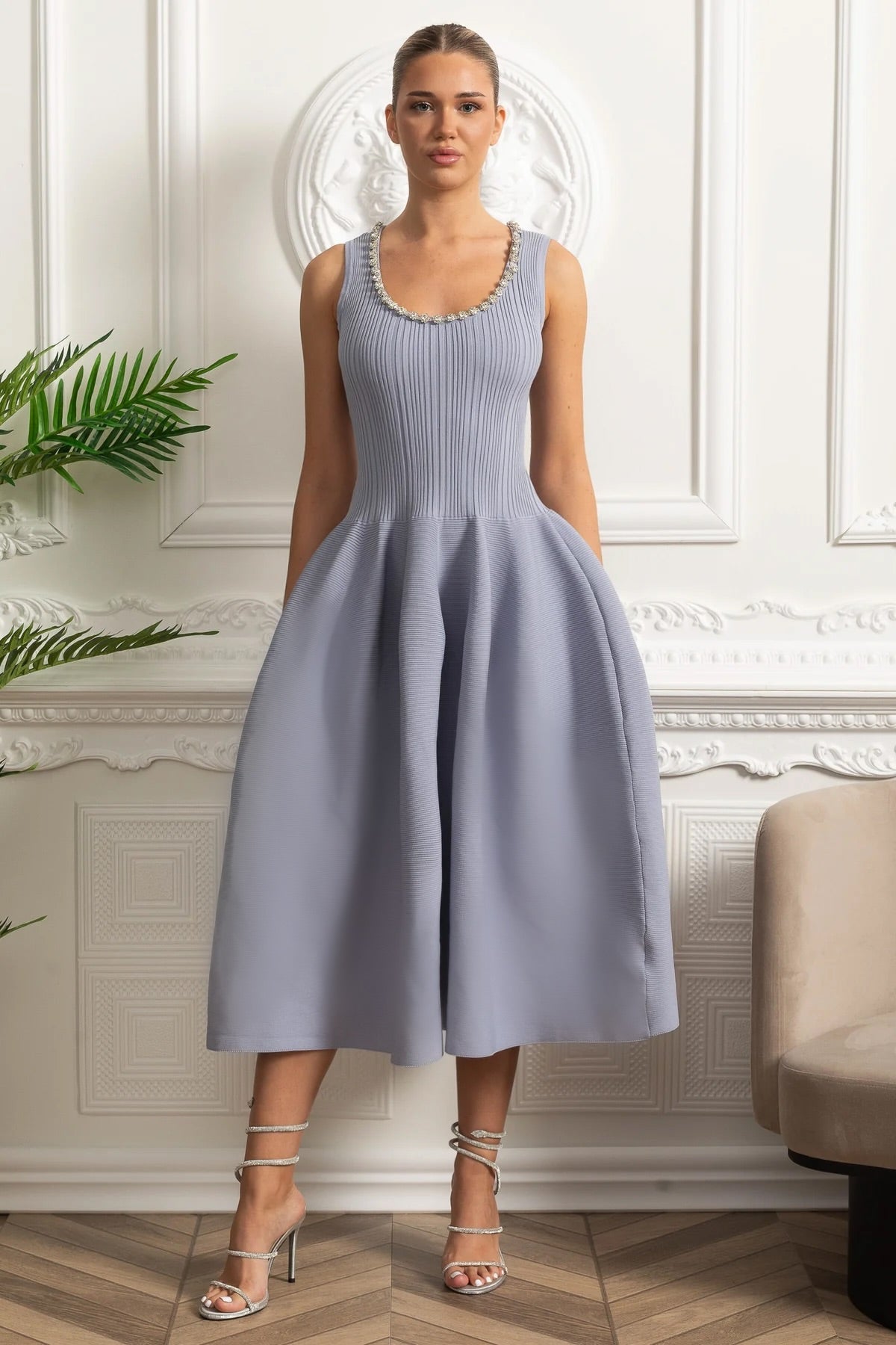 Beaded Scoop Neck Ribbed Knit Pleated Fit and Flare Midi Dress