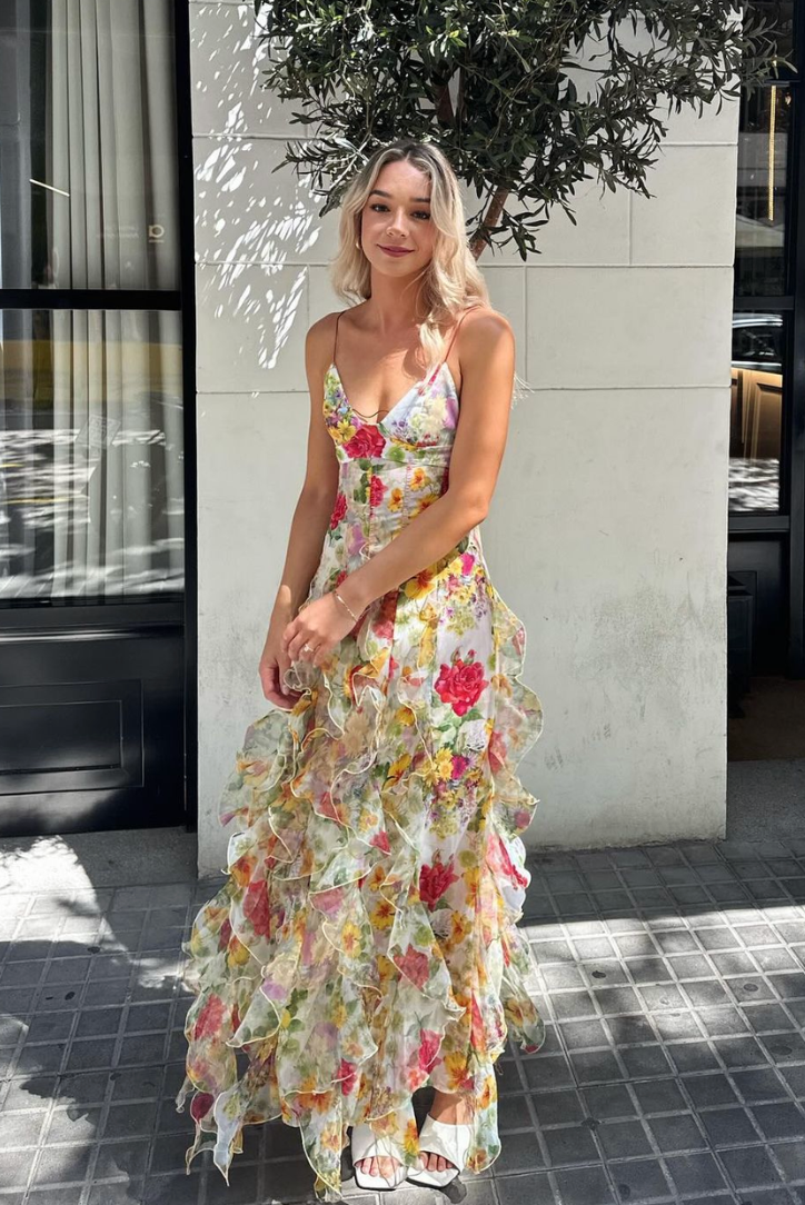 Oceana Chiffon Rose Print Slit Maxi Dress - View 2