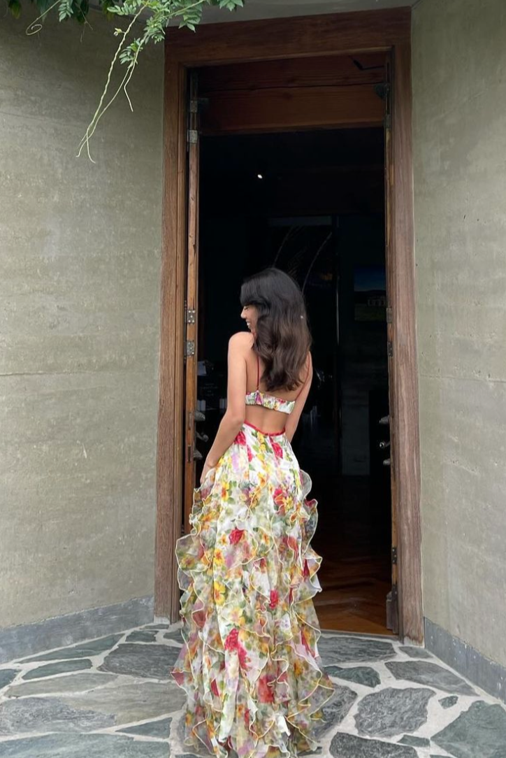 Oceana Chiffon Rose Print Slit Maxi Dress - View 6