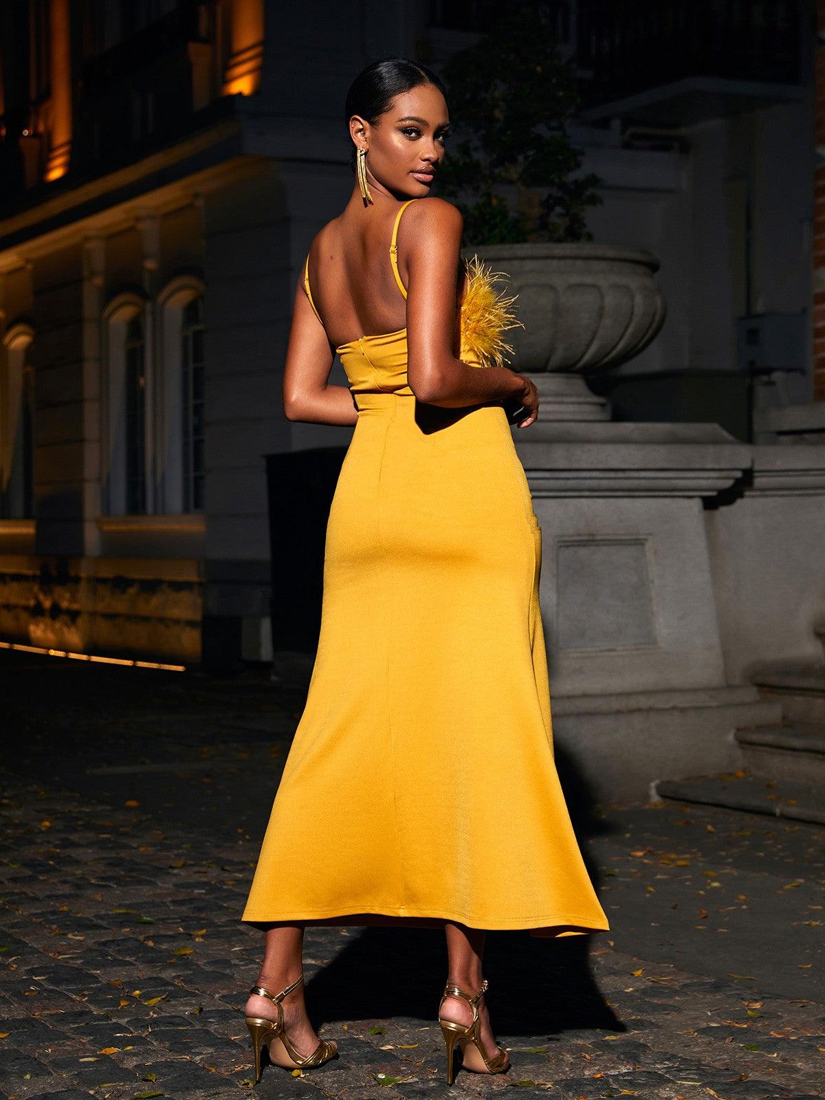 Spaghetti Strap Feather Trim Bodycon Maxi Dress - View 5