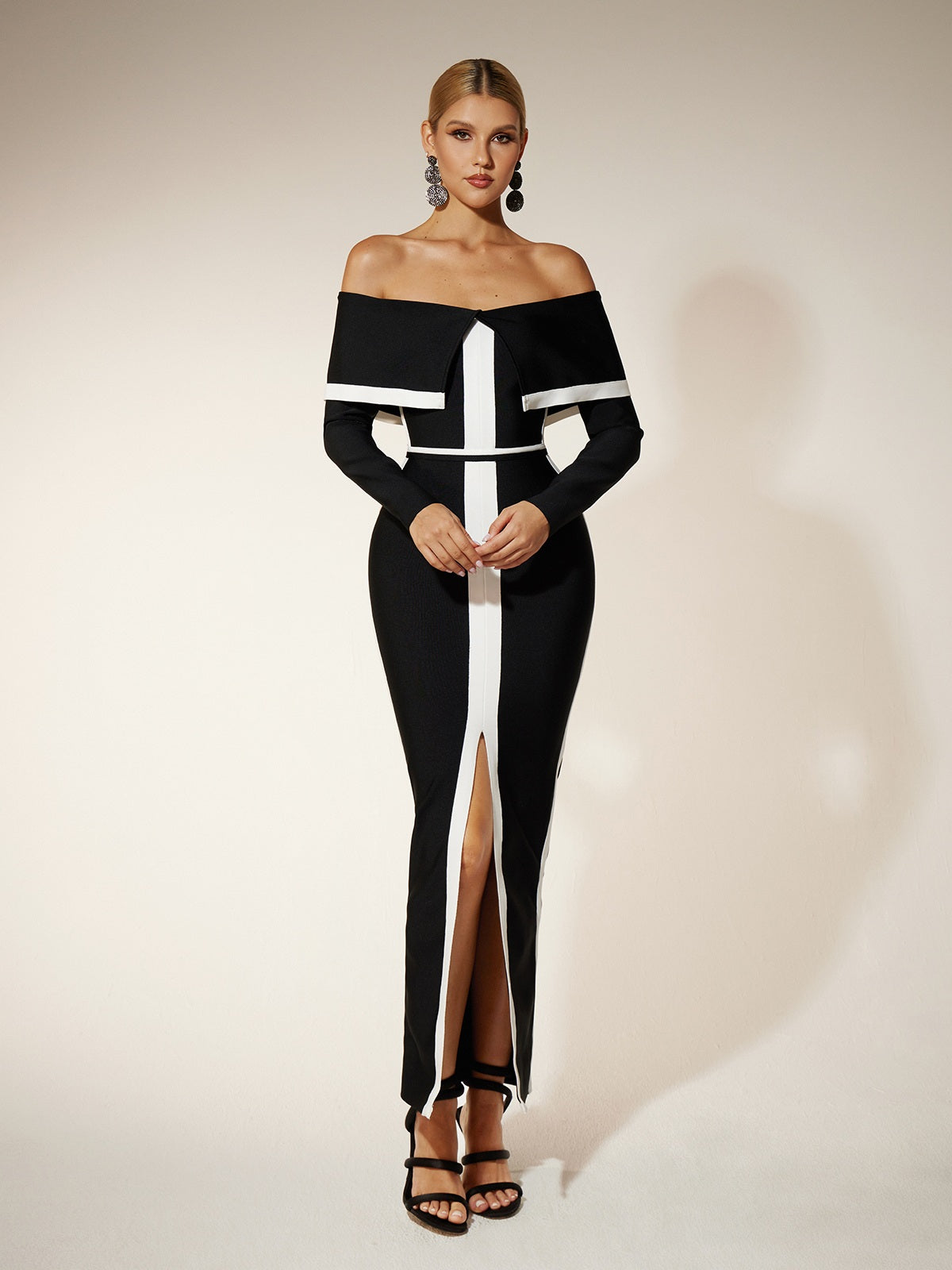 Off Shoulder Folded Collar Long Sleeve Bandage High Split Maxi Dress - View 3