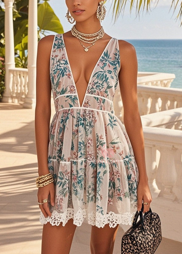 Elegant Apricot Deep-V Neck Print Chiffon Mini Dress Summer - View 3