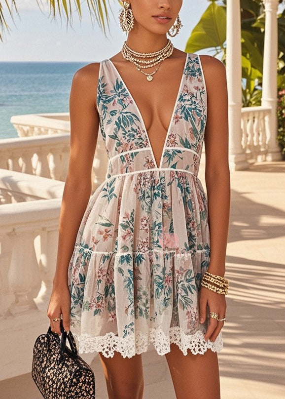 Elegant Apricot Deep-V Neck Print Chiffon Mini Dress Summer - View 5