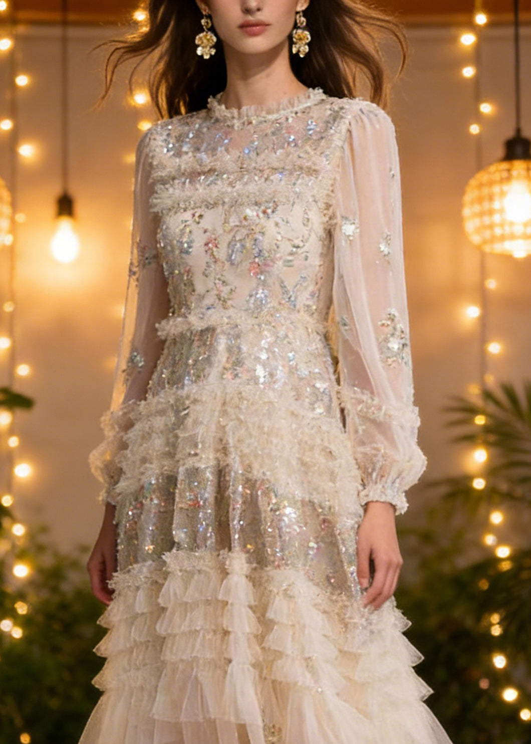 Elegant Apricot Embroidered Ruffled Patchwork Tulle Long Dresses Spring - View 2