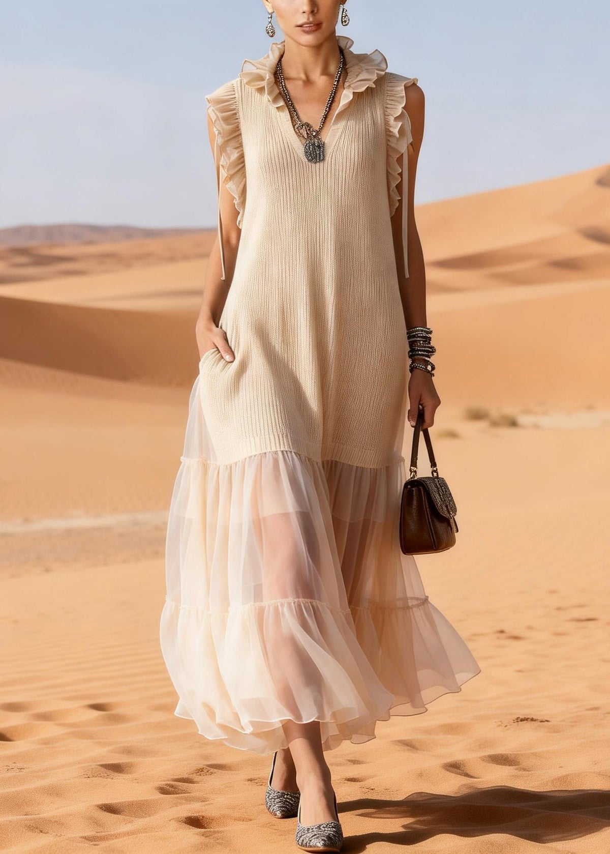 Elegant Apricot Ruffled Tulle Patchwork Knit Maxi Dress Summer - View 3