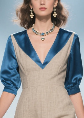 Faux Two-Piece Deep V-Neck Pointed Collar A-Line Midi Dress - View 2