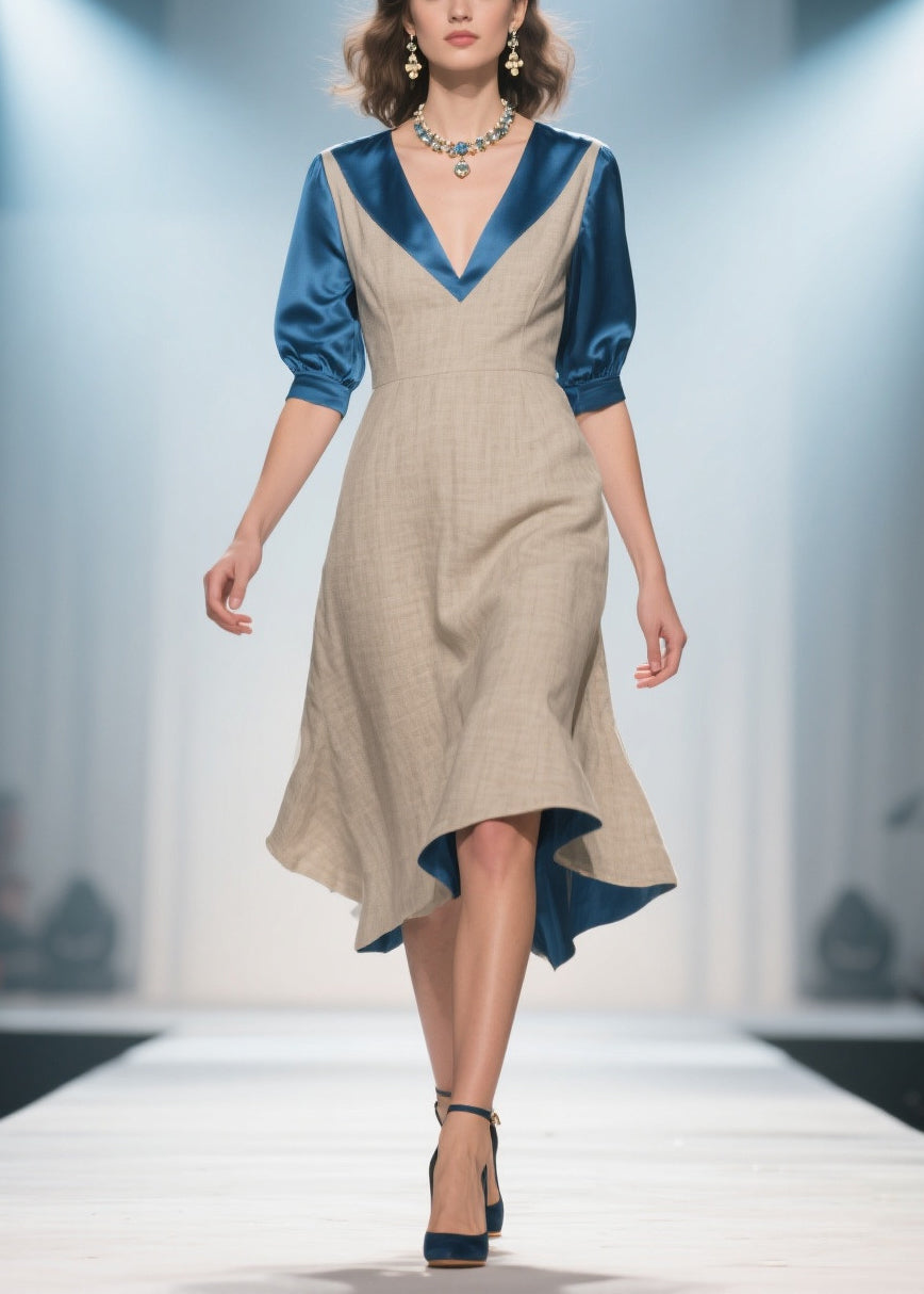 Faux Two-Piece Deep V-Neck Pointed Collar A-Line Midi Dress - View 5