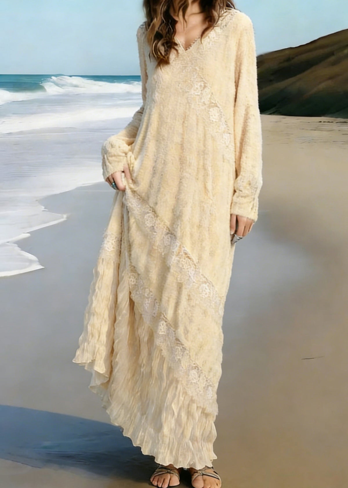 Lace Deep V-Neck Long Sleeve Diagonal Panel Ruffle Flounce Maxi Dress - View 3