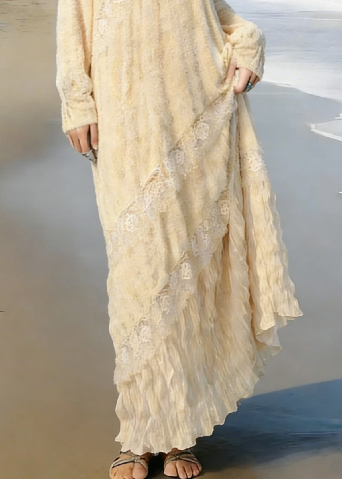 Lace Deep V-Neck Long Sleeve Diagonal Panel Ruffle Flounce Maxi Dress - View 4