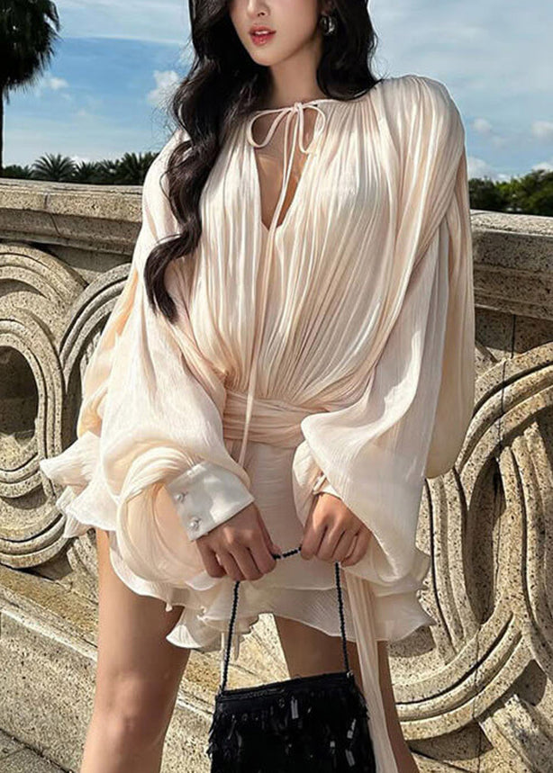 Elegant Apricot Wrinkled Lace Up Tulle Mini Dress Spring - View 3