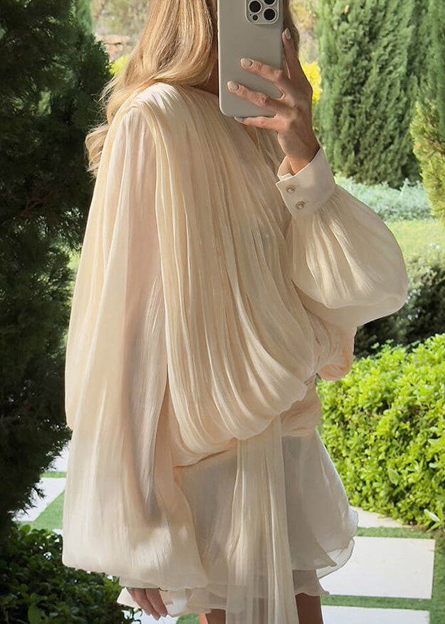 Elegant Apricot Wrinkled Lace Up Tulle Mini Dress Spring - View 4