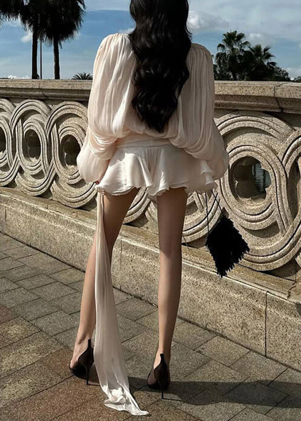 Elegant Apricot Wrinkled Lace Up Tulle Mini Dress Spring - View 5