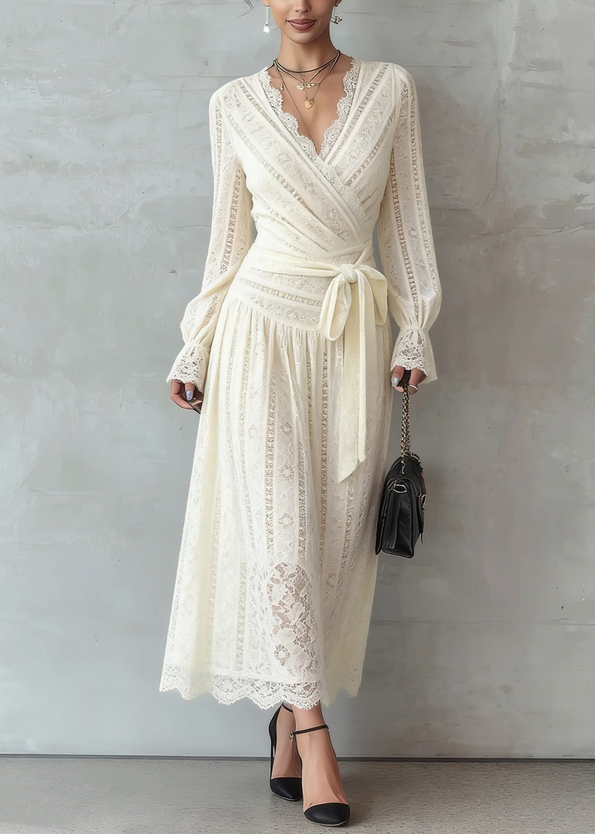Lace Deep V-Neck Wrap Tie Waist Long Sleeve A-Line Maxi Dress - View 3
