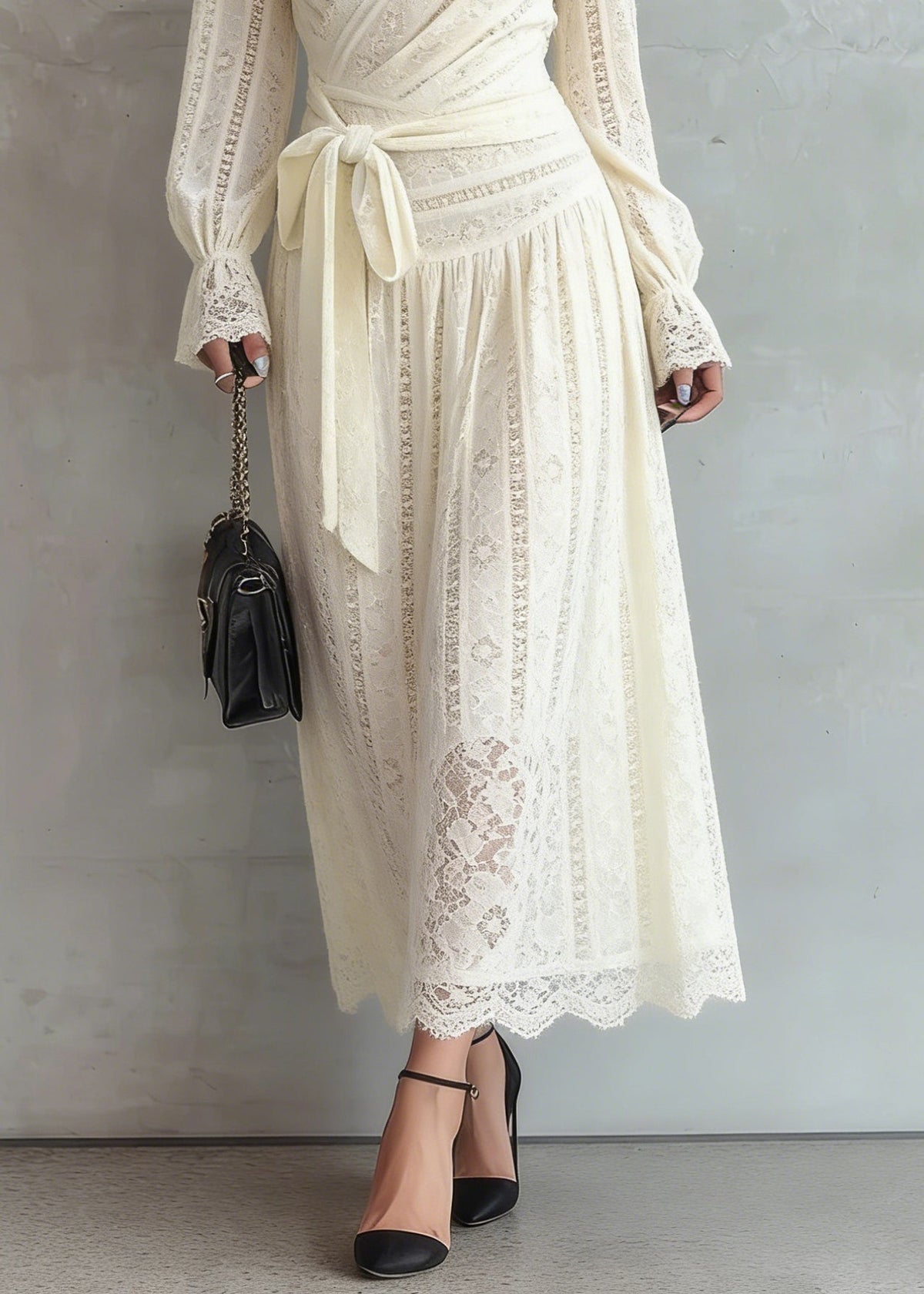 Lace Deep V-Neck Wrap Tie Waist Long Sleeve A-Line Maxi Dress - View 4