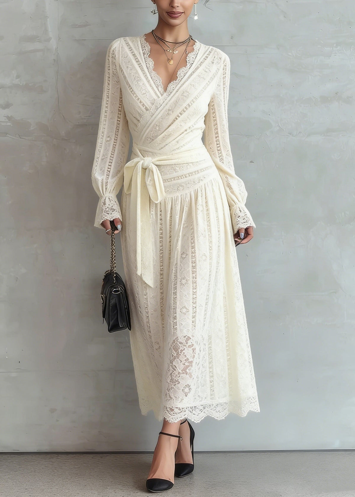 Lace Deep V-Neck Wrap Tie Waist Long Sleeve A-Line Maxi Dress - View 5