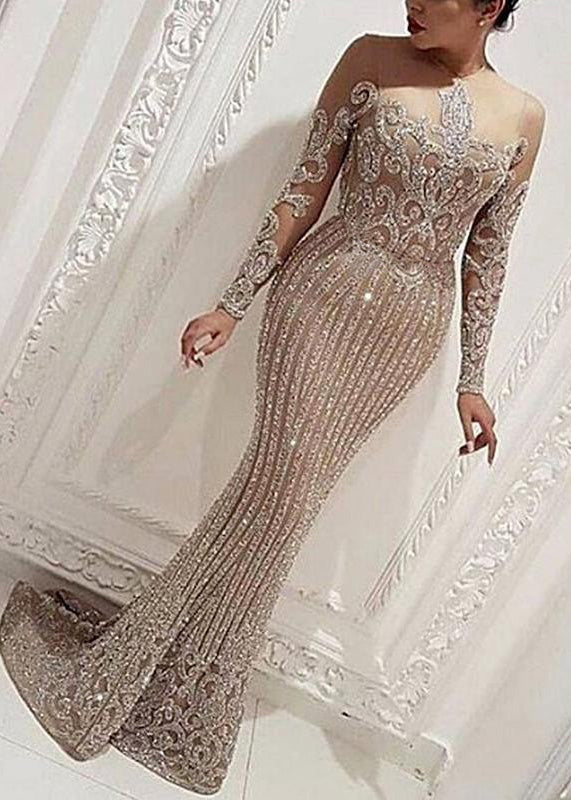 Sequin Off Shoulder Illusion Neck Long Sleeve Mermaid Maxi Gown - View 3