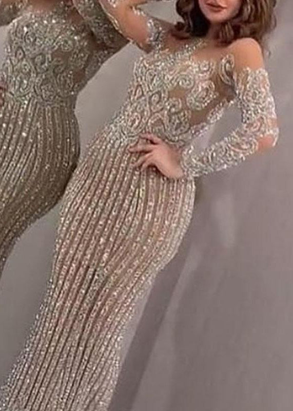 Sequin Off Shoulder Illusion Neck Long Sleeve Mermaid Maxi Gown - View 4