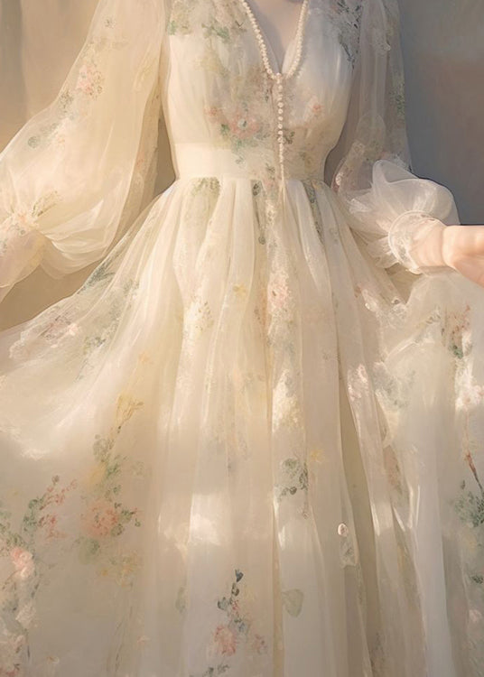 Elegant Beige V Neck High Waist Tulle Maxi Dresses Long Sleeve - View 3