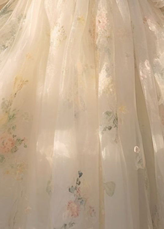 Elegant Beige V Neck High Waist Tulle Maxi Dresses Long Sleeve - View 4