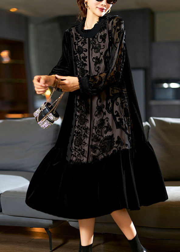 Black O-Neck Embroideried Patchwork Silk Velour Maxi Dress - View 2
