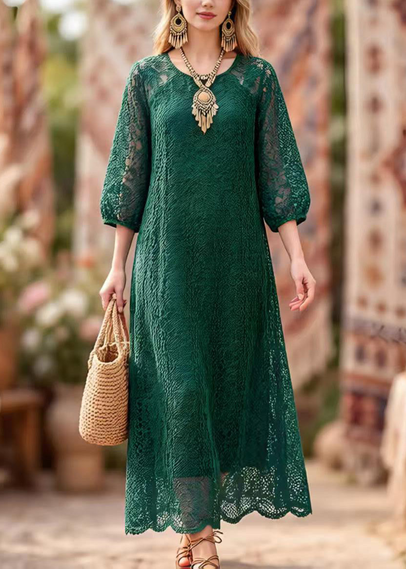 Lace Cut Out Round Neck Puff Sleeve Scalloped Hem Maxi Dress - View 3