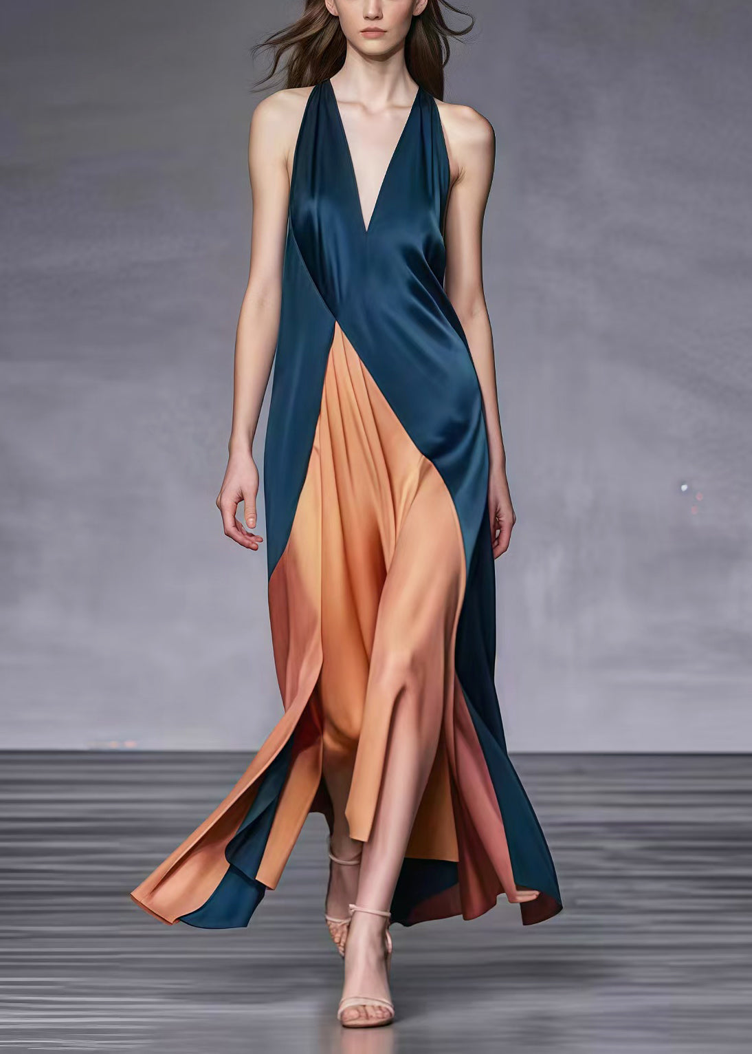 Satin Halter Neck Deep V-Neck Asymmetrical Wrap Maxi Gown