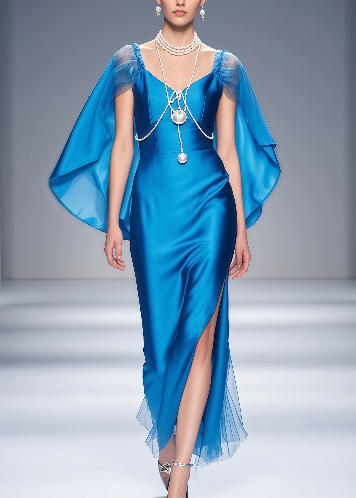 Satin Sweetheart Spaghetti Strap Cape Sleeve Tulle Hem Maxi Gown