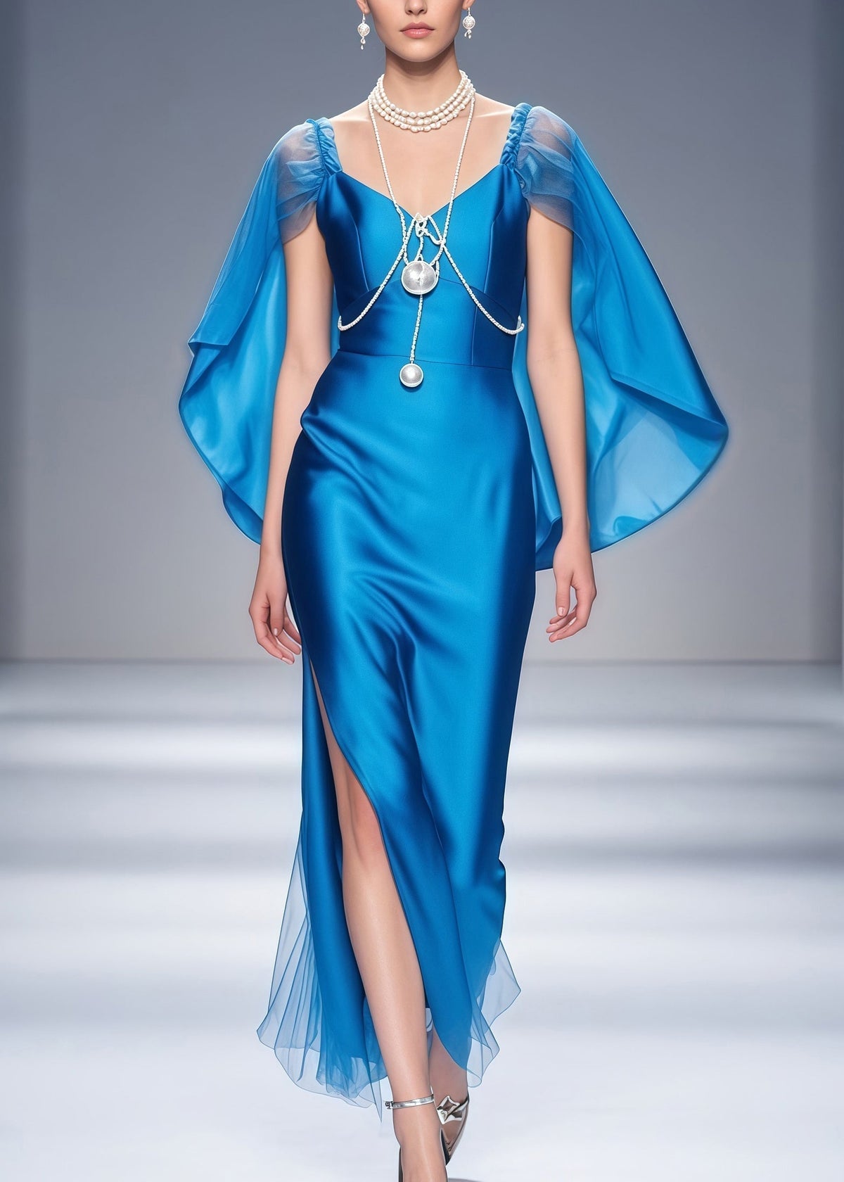 Satin Sweetheart Spaghetti Strap Cape Sleeve Tulle Hem Maxi Gown - View 3