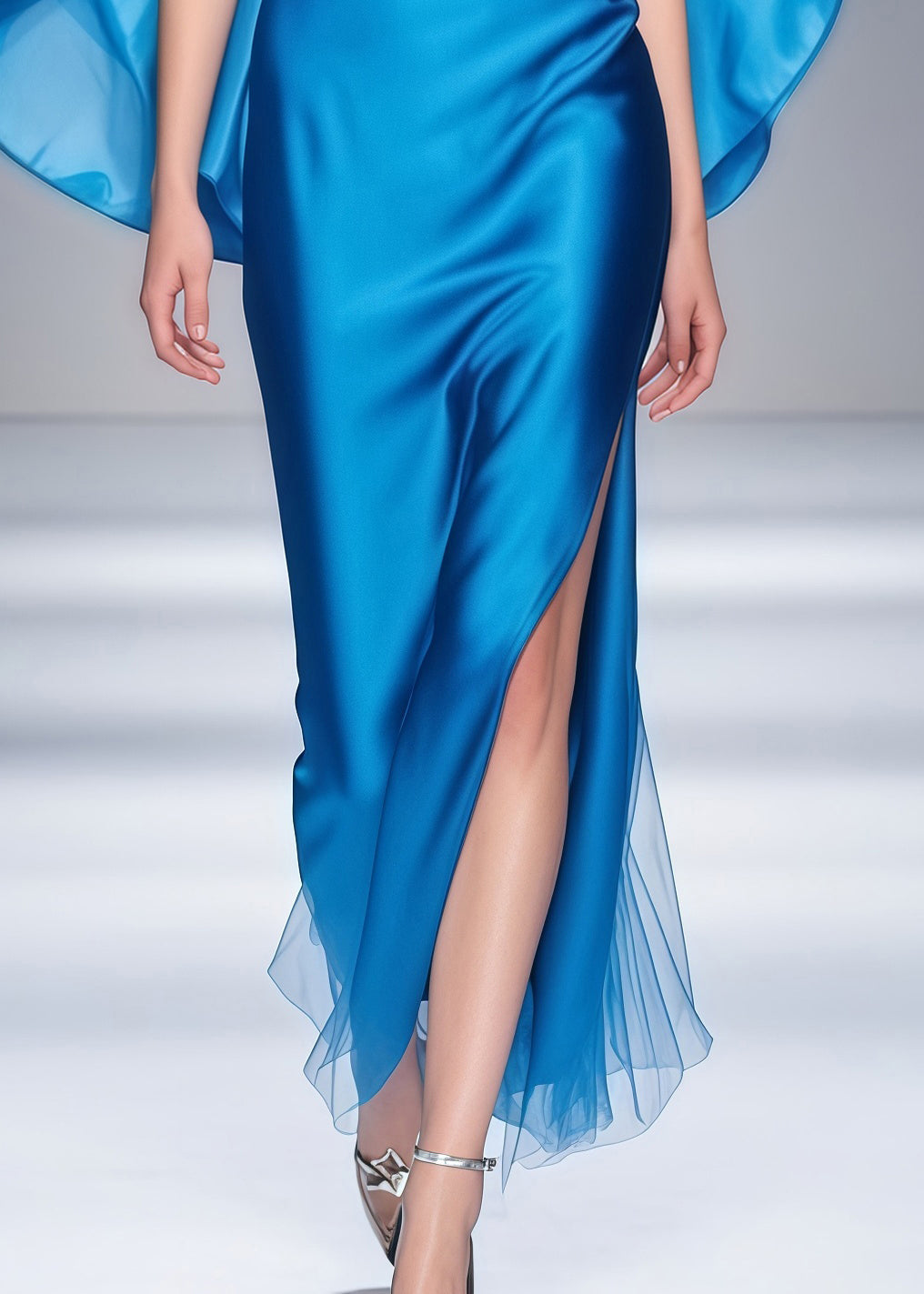 Satin Sweetheart Spaghetti Strap Cape Sleeve Tulle Hem Maxi Gown - View 4